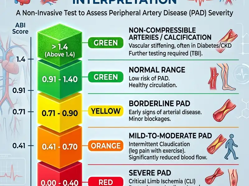 Infographic displaying Ankle-Brachial Index score interpretation ranges from normal to severe blockage