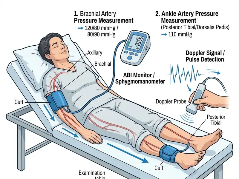 Ankle-Brachial Index (ABI) test procedure diagram comparing arm and ankle systolic blood pressures