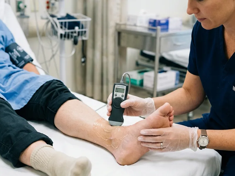 A clinician measuring ankle pressure using a Doppler ultrasound probe and blood pressure cuff