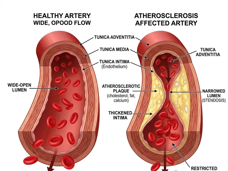 Cross-section comparing a healthy open artery to a clogged artery narrowed by atherosclerosis plaque