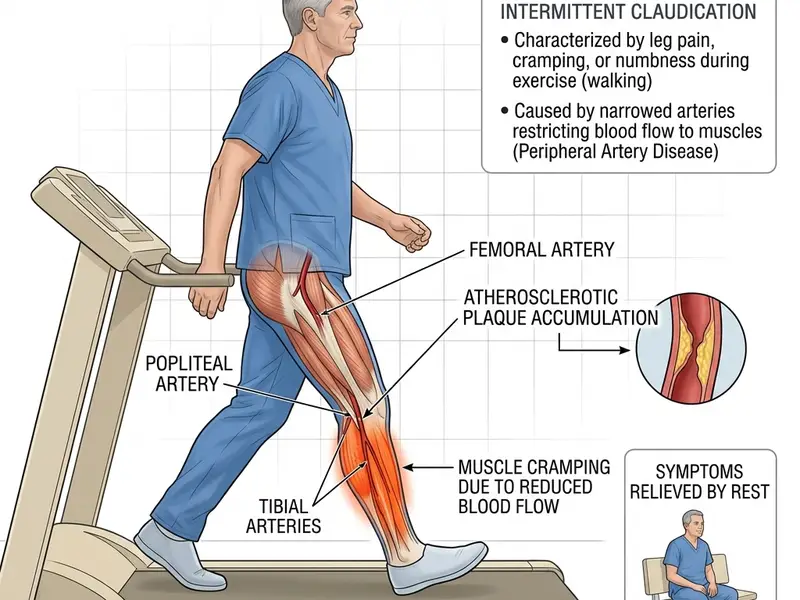 Vascular diagram showing blocked calf circulation causing leg pain during physical exertion
