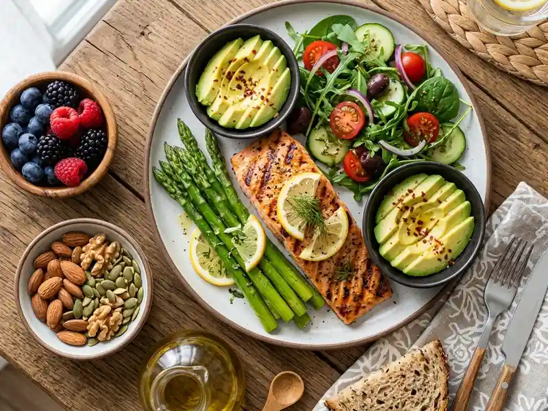 Cardiovascular healthy meal with grilled salmon, leafy greens, berries, and olive oil