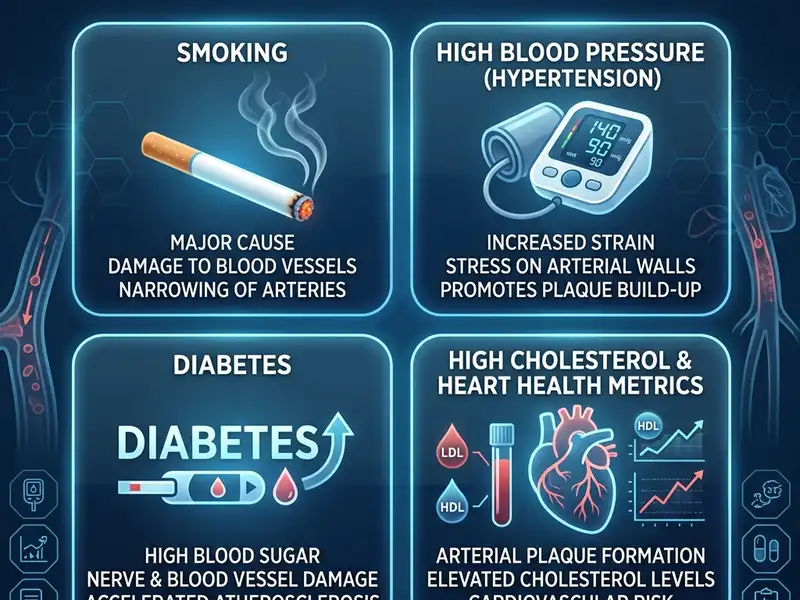 Conceptual graphic highlighting smoking, diabetes, age, and high blood pressure as PAD risk factors