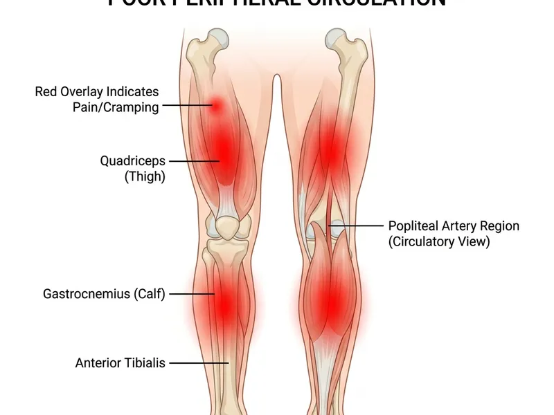 Illustration depicting poor circulation leading to calf and thigh pain or muscle cramps