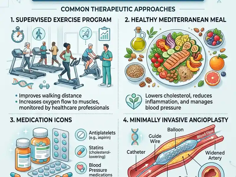 Infographic representing supervised walking exercise, vascular medications, and angioplasty balloon options