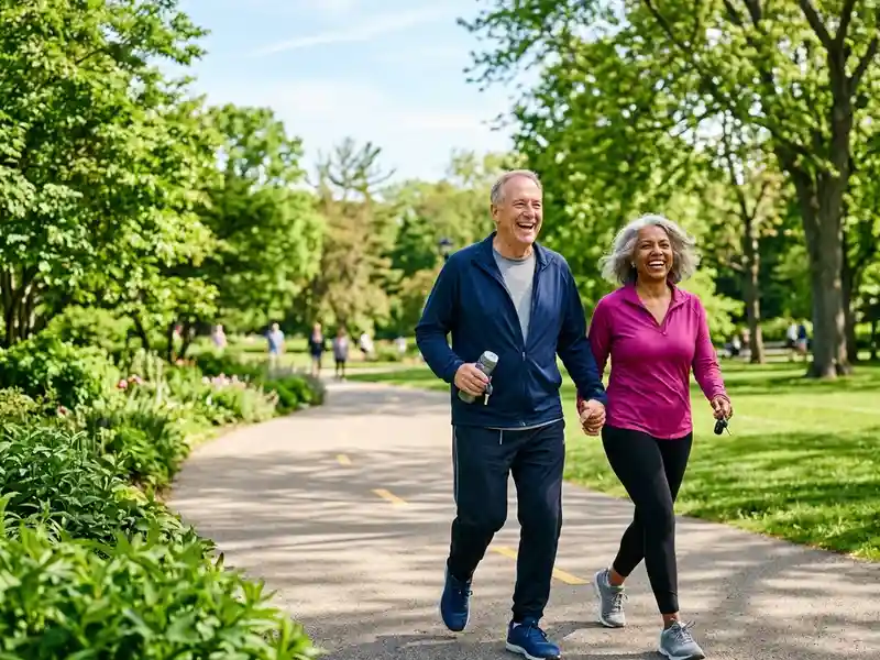 Active senior couple walking to build collateral circulation and relieve claudication symptoms